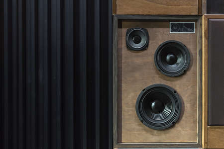 Old Style Wooden Electronic Music Speakers Stacked Next To Each Otherの写真素材