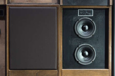 Old Style Wooden Electronic Music Speakers Stacked Next To Each Otherの写真素材