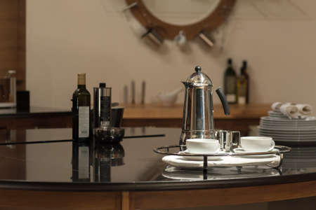 Silver Metal Cafetiere Coffee Cups Breakfast Setの写真素材