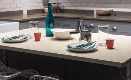 Modern, Clean and Scandinavian Style Breakfast Table in Bespoke Kitchenの写真素材