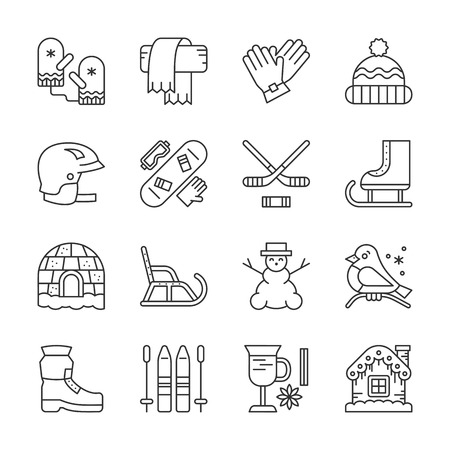 Thin line icons set of winter sport, outdoor activity, season winter children's games, winter clothes, time, footwear and accessories. Linear symbols. Vector illustration. Isolated on white backgroundのイラスト素材