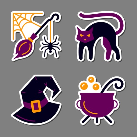 Halloween icon sticker set. Flat style color badges for web, banner, emblem, logo. Isolated element collection for print, tag, label, poster. Patchwork and embroidery design. Vector illustrationのイラスト素材