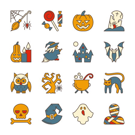 Colorful Halloween party symbol icon set. Editable stroke sign collection. Color web, card, party, tag, print, logo, banner concept. Isolated on white vector illustration with witch, pumpkin, candyのイラスト素材