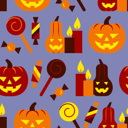 Halloween seamless pattern. Vector pumpkin, candle, candy illustration.  Treat or trick party background. Season celebration symbol. Print, wrapping, package, textile, card banner flyer tag designのイラスト素材