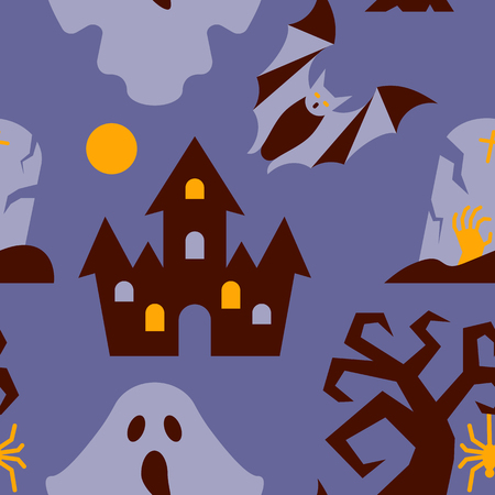 Halloween seamless pattern. Vector castle, tree, bat, ghost illustration.  Scary night party background. Season celebration symbol. Print, wrapping, package, textile card banner flyer tag designのイラスト素材