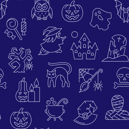 Halloween seamless white line pattern. Vector illustration. Scary night party dark blue background. Season celebration symbol. Print, wrapping, package, textile, card, banner, flyer tag designのイラスト素材