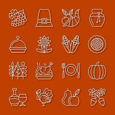 Thanksgiving day thin line icon set. Vector linear symbol pack. Outline sign without fill. Simple pictogram graphic collection. Logo, web design, infographic, business, office, card, tag style conceptのイラスト素材