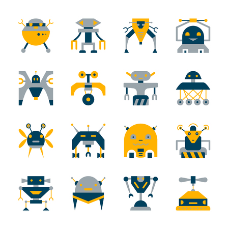 Colorful robot icon set. Transformer flat style collection. Cyborg color concept. Web, info-graphic, print, card, machine, toys design. Artificial intelligence sign isolated on white illustration.のイラスト素材