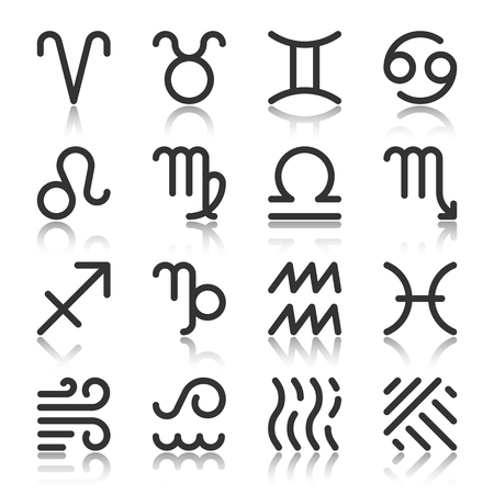 Zodiac signs black silhouette with reflection icon set. Monochrome flat design. Twelve horoscope and four forces element astrology symbol collection. Simple graphic pictogram pack.のイラスト素材