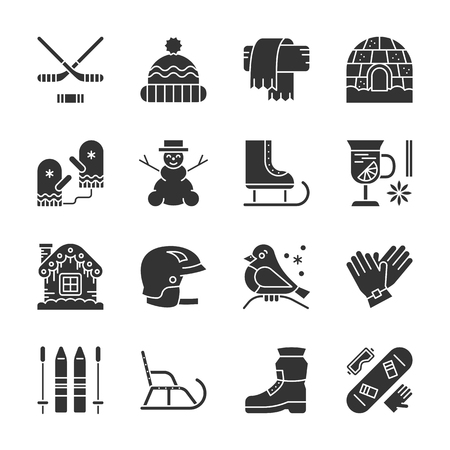Winter activity, sport, outdoor black filled silhouette icon set. Cute season children's game, clothe, footwear, fun children's game, clothe, footwear. Vector monochrome web, card, print label design.のイラスト素材