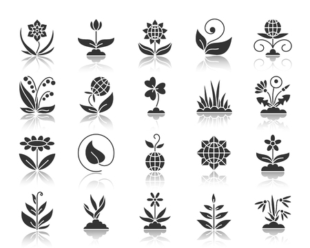Garden silhouette icons set. Monochrome web sign kit of flower. Plant pictogram collection includes sprout, grass, leaves. Simple vector black symbol. Garden shape icon reflectionのイラスト素材