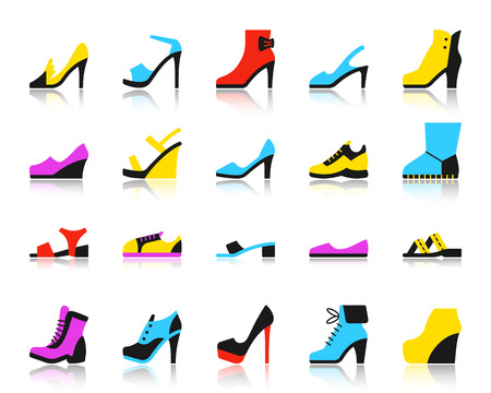 Shoes flat icons set. Web vector sign kit of footwear. Fashion pictogram collection includes casual, pumps, boats. Simple shoes colorful icon symbol with reflection isolated on whiteのイラスト素材