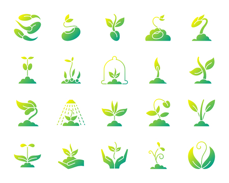 Sprout silhouette icons set. Isolated on white web sign kit of seeds. Plant pictogram collection includes tree, leaves, growing. Simple gradient symbol. Sprout vector icon shape