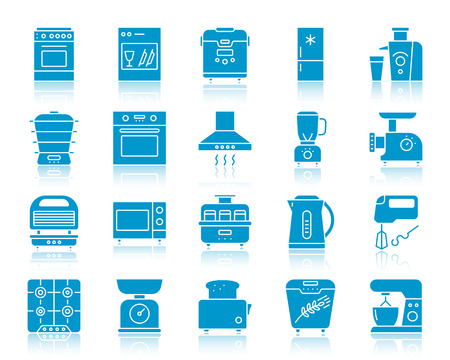 Kitchen Appliance silhouette icons set. Web sign kit of equipment. Electronics monochrome pictogram collection includes blender, juicer, toaster. Simple kitchen symbol. Vector Icon shape isolatedのイラスト素材