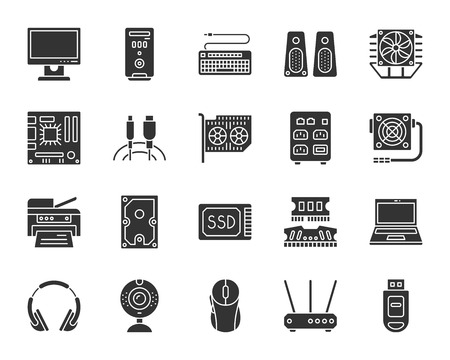 Computer silhouette icons set. Isolated monochrome web sign kit of electronics. Gadget pictogram collection includes processor, hdd, printer. Simple computer symbol. Vector Icon shape for stampのイラスト素材