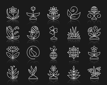 Garden thin line icons set. Outline web sign kit of flower. Plant linear icon collection includes tulip, clover, lily of the valley. Simple garden symbol with reflection. Vector Illustrationのイラスト素材