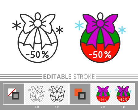 Christmas ball with bow tree decoration linear icon. Holiday special offer percent off banner. Line without, with color Editable stroke, fill, background Outline sign.のイラスト素材