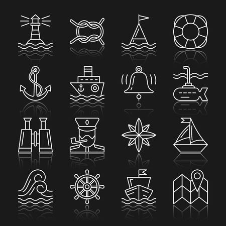 Nautical white thin line reflection icon set. Marine vector linear symbol pack Flat outline sign without fill Navigation simple pictogram graphic collection Captain, navy, ship, web, card designのイラスト素材