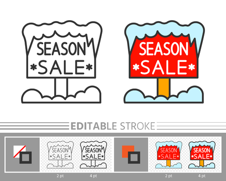Winter wood signboard season sale linear icon. Snow christmas banner line without, with color. Editable stroke, fill, background. Outline sign. Web, print, logo, label, special offer. Vector isolatedのイラスト素材