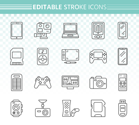 Device thin line icons set. Outline web sign kit of gadget. Electronics linear icon collection includes laptop, camera, ebook. Editable stroke without fill. Device simple vector symbolのイラスト素材