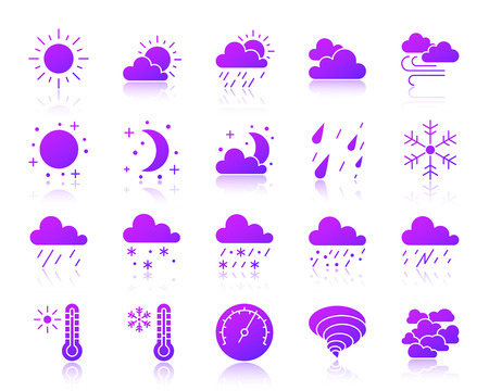Weather silhouette icons set. Web sign kit of meteorology. Climate monochrome pictogram collection includes barometer, cloud, drizzle. Simple weather symbol with reflection. Vector Icon shape isolatedのイラスト素材