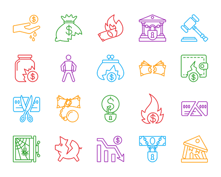 Bankruptcy thin line icons set. Outline monochrome web sign kit of business. Crisis linear icon collection includes decline, debt, crash. Isolated simple bankruptcy symbol vector Illustrationのイラスト素材