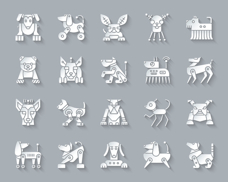 Robot Dog paper cut art icons set. 3D Web sign kit of pet. Character pictogram collection includes transformer, machine, cyborg. Simple robot dog vector carved icon shape. Material design symbolのイラスト素材