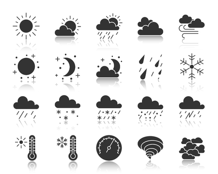 Weather silhouette icons set. Monochrome web sign kit of meteorology. Climate pictogram collection includes windy, cloudy, sunny. Simple vector black symbol. Weather shape icon with reflectionのイラスト素材