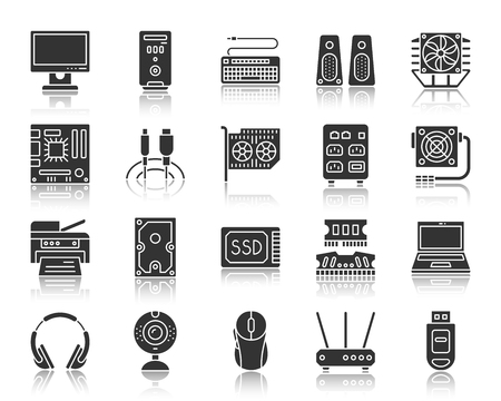 Computer silhouette icons set. Monochrome web sign kit of electronics. Gadget pictogram collection includes storage, memory, case. Simple vector black symbol. Computer shape icon reflectionのイラスト素材