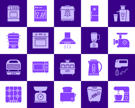 Kitchen Appliance silhouette icons set. Web sign kit of equipment. Electronics ultraviolet pictogram collection includes fridge, toaster, processor. Simple kitchen symbol. Vector Icon shape for stampのイラスト素材