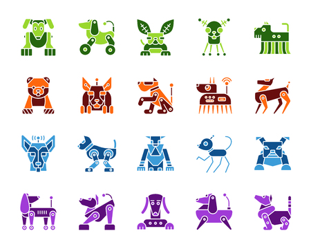 Robot Dog silhouette icons set. Isolated on white web sign kit of pet. Character pictogram collection includes transformer, machine, cyborg. Simple robot dog symbol. Vector Icon shape for stampのイラスト素材