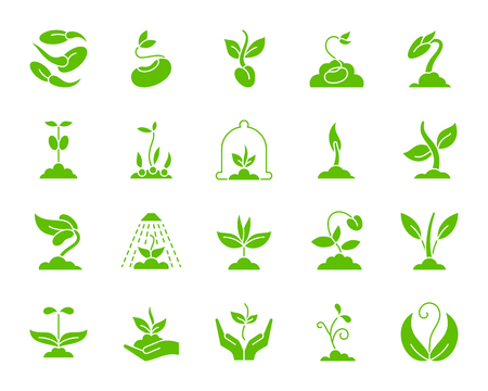 Sprout green silhouette icons set. Isolated on white web sign kit of seeds. Plant monochrome pictogram collection includes sapling, grass, leaves. Simple sprout symbol. Vector Icon shape for stampのイラスト素材