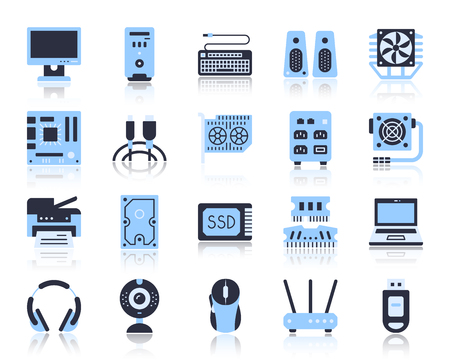 Computer flat icons set. Web sign kit of electronics. Gadget pictogram collection includes mouse, printer, webcam. Simple computer cartoon colorful icon symbol isolated. Vector Illustrationのイラスト素材