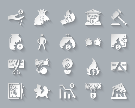 Bankruptcy paper cut art icons set. Web sign kit of business. Crisis pictogram collection includes poverty, decline, graph. Simple bankruptcy vector carved icon shape. Material design symbolのイラスト素材