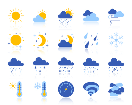 Weather flat icons set. Web vector sign kit of meteorology. Climate pictogram collection includes cloud, snow, rain. Simple weather colorful icon symbol with reflection isolated on whiteのイラスト素材