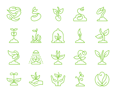 Sprout thin line icons set. Outline monochrome web sign kit of seeds. Green plant linear icon collection includes tree, leaves, growing. Isolated on white simple sprout symbol vector Illustrationのイラスト素材
