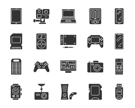 Device silhouette icons set. Isolated monochrome web sign kit of gadget. Electronics pictogram collection includes phone, tablet, camera. Simple device symbol. Vector Icon shape for stampのイラスト素材