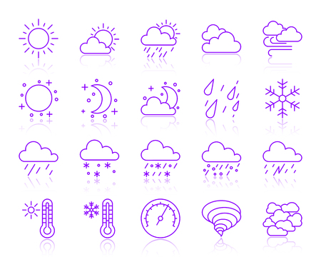 Weather thin line icons set. Outline vector monochrome web sign kit of meteorology. Climate linear icon collection includes windy, cloudy sky, sunny. Simple weather symbol with reflection on whiteのイラスト素材