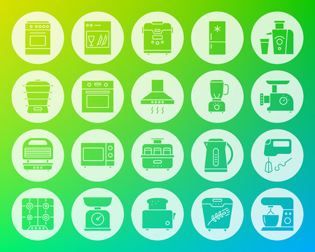 Kitchen appliance icons set. Web sign kit of equipment. Electronics pictogram collection includes juicer, gas, cooker. Simple kitchen vector symbol. Icon shape carved from circle on color backgroundのイラスト素材