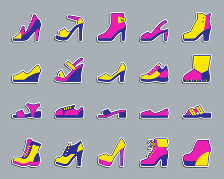 Shoes sticker icons set. Web flat sign kit of footwear. Fashion pictogram collection includes moccasins, athletic, casual. Simple shoes symbol. Colorful icon for patch. Vector Illustrationのイラスト素材
