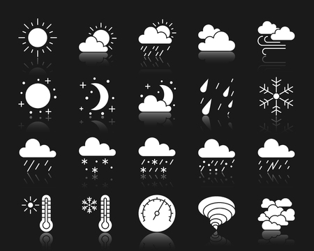 Weather silhouette icons set. Isolated web sign kit of meteorology. Climate pictogram collection includes sun, tornado, fog. Simple weather symbol with reflection. White vector icon shapeのイラスト素材