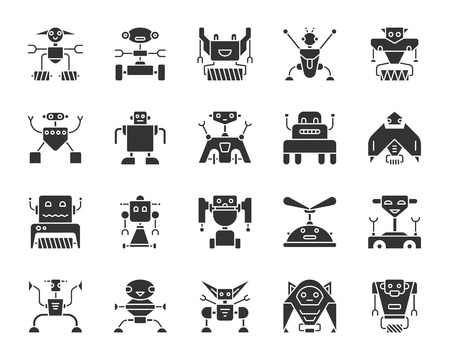 Robot silhouette icons set. Isolated monochrome web sign kit of toy. Character pictogram collection includes transformer, cyborg, machine. Simple robot symbol. Vector Icon shape for stampのイラスト素材