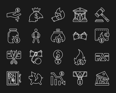 Bankruptcy thin line icons set. Outline web sign kit of business. Crisis linear icon collection includes poverty, decline, graph. Simple bankruptcy symbol with reflection. Vector Illustrationのイラスト素材