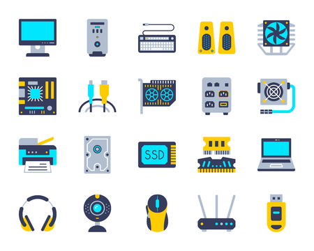 Computer flat icons set. Web sign kit of electronics. Gadget pictogram collection includes mouse, printer, webcam. Simple computer cartoon colorful icon symbol isolated. Vector Illustrationのイラスト素材