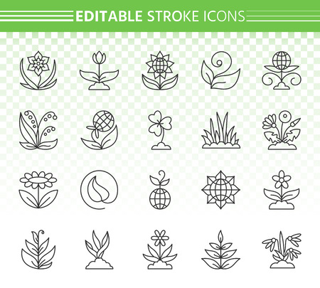 Garden thin line icons set. Outline web sign kit of flower. Plant linear icon collection includes sprout, grass, lily. Editable stroke pictogram without fill. Garden simple vector symbolのイラスト素材