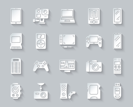 Device paper cut art icons set. 3D Web sign kit of gadget. Electronics pictogram collection includes joystick, navigator, smart watch. Simple device vector carved icon shape. Material design symbolのイラスト素材