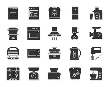 Kitchen appliance silhouette icons set. Isolated monochrome web sign kit of equipment. Electronics pictogram collection includes gas, toaster, oven. Simple kitchen symbol. Vector Icon shape for stampのイラスト素材
