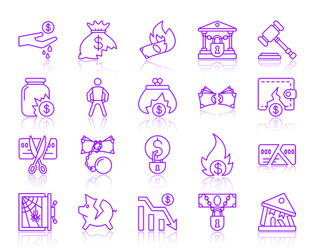 Bankruptcy ultraviolet thin line icons set. Outline vector purple web sign kit of business. Crisis linear icon collection includes money, loss, problem. Simple bankruptcy symbol with reflectionのイラスト素材