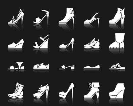 Shoes silhouette icons set. Isolated web sign kit of footwear. Fashion pictogram collection includes sandals, platforms, mules. Simple shoes symbol with reflection. White vector icon shapeのイラスト素材