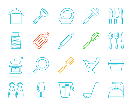 Kitchenware thin line icons set. Outline sign kit of cookware. Dishware linear icon collection includes spoon fork knife, lid, pot. Simple kitchen ware symbol isolated on white. Vector Illustrationのイラスト素材